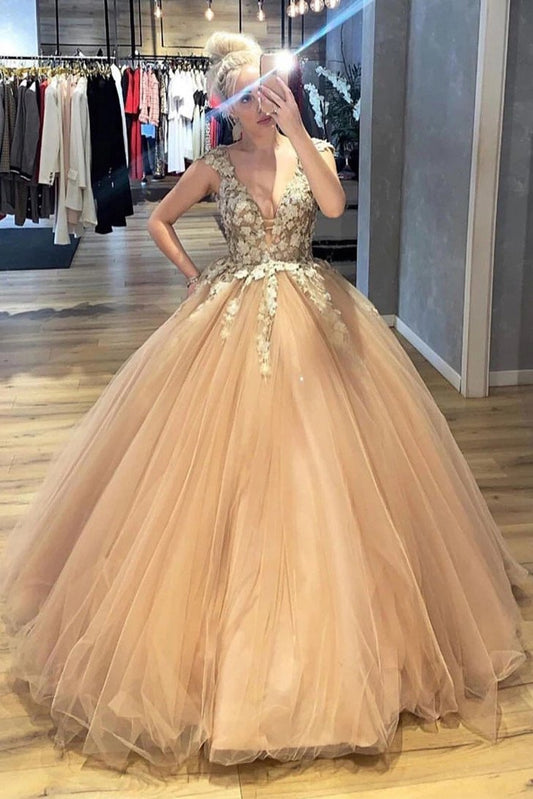 Champagne Lace Ball Gown Prom Dress, PD2303101