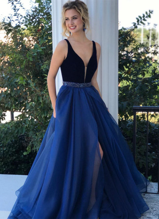 Royal Blue and Black Chiffon A-Line Prom Dress with V-Neck, Side Slit, and Beaded Detail, PD23031516