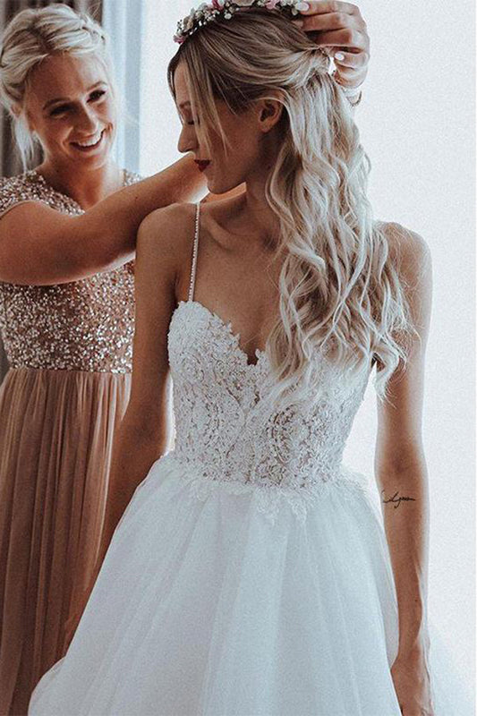 Unique Backless A-Line Wedding Dress with Tulle and Spaghetti Straps, WD230226110