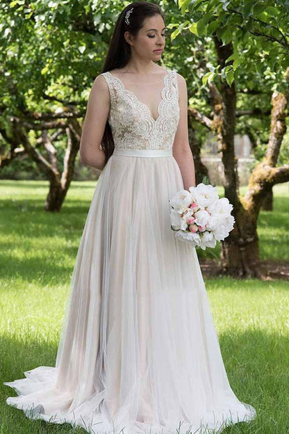 Lace A-line V-neck Beach Wedding Dress, WD23022325