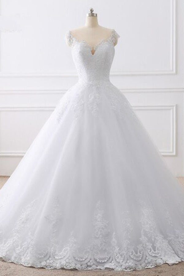 White Lace Wedding Dress with Cap Sleeves and Scoop Neckline , WD23022379