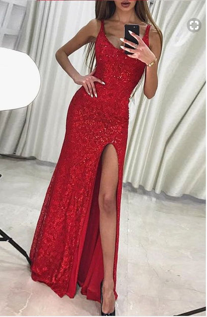 Red Sequin Side-Slit Sheath Prom Dress, PD2303229
