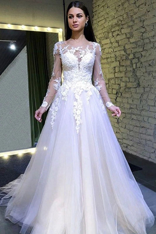 Long Sleeve A-line Wedding Dress with Round Neck and Lace Appliques, WD2303081