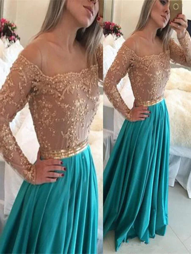 Champagne and Turquoise Lace A-Line Bridesmaid Dress with Long Sleeves, BD2303053