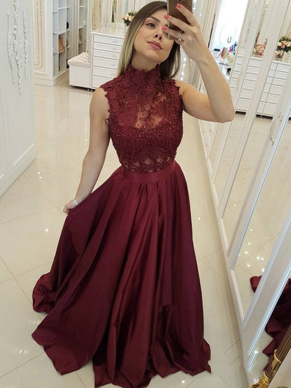 Burgundy High Neck Sleeveless Lace Beaded Satin A-line Prom Dress, PD23031311