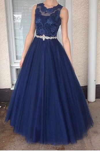 Dark Navy Tulle A-Line Prom Dress with Appliques, PD2303070