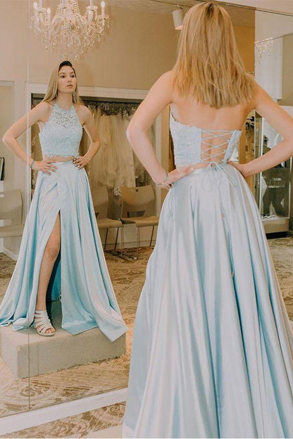 Light Blue 2 Piece Prom Dress with Ball Gown Skirt, PD2303013