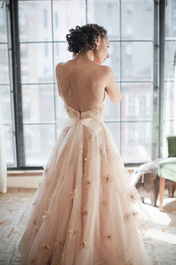 Blush Pink A-Line Sweetheart Wedding Dress with Floral Backless, WD23022351