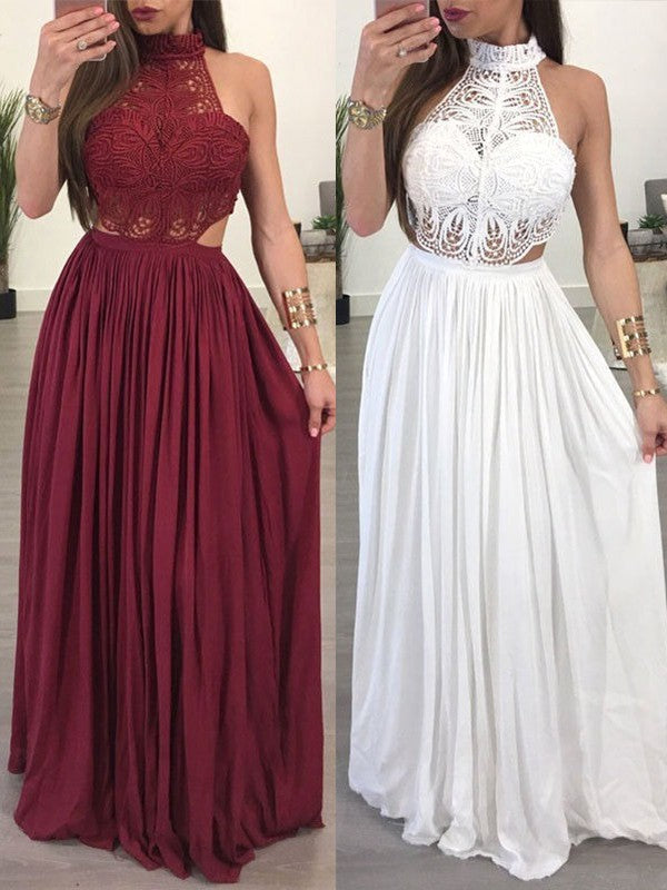 Burgundy White Lace High Neck Sheath Chiffon Prom Dress with Sleeveless Design, PD2303158