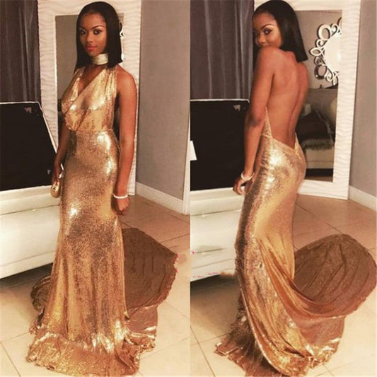 Gold Halter Backless Sheath Prom Dress with Sequins, PD2303104