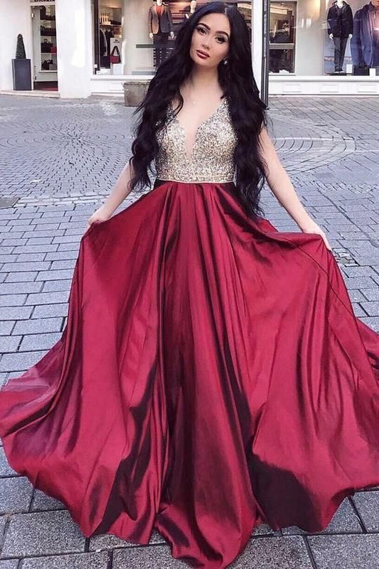 Burgundy Sweetheart Beaded A-Line Long Prom Dresses, PD23030122