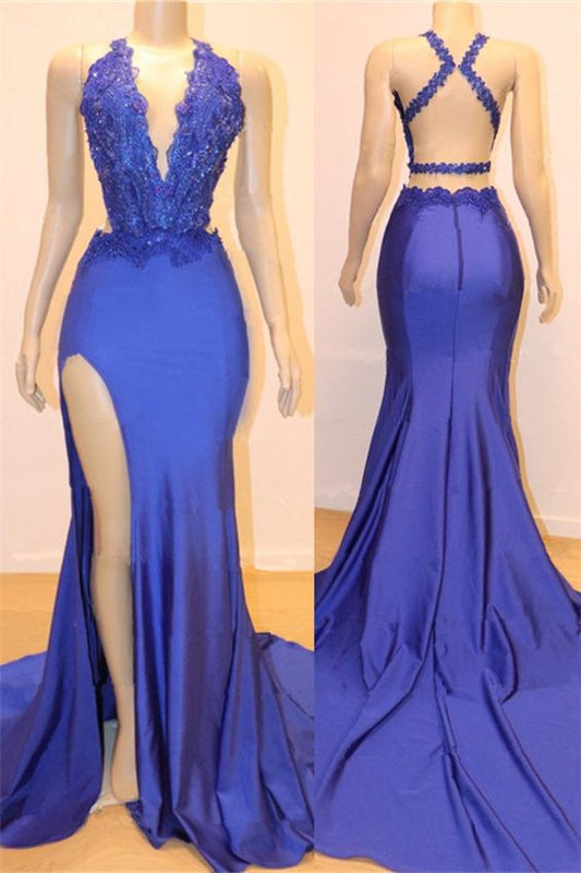 Royal Blue Lace Backless Sheath Prom Dress with Side Slit, PD2303109