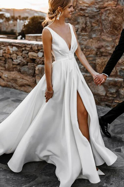 Satin A-line Sweep Train Wedding Dress, WD23022665