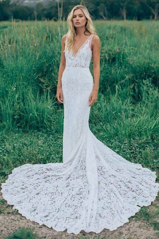 Lace Sheath Wedding Dress with V-Neck and Train, WD23022347