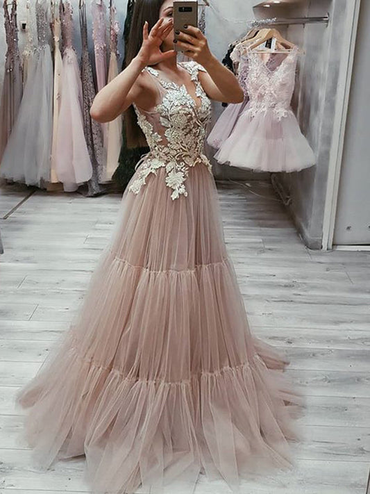 Dusty Rose A-Line Tulle Prom Dress with Deep V-Neck and Cap Sleeves, PD2303103