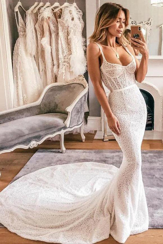 Ivory Mermaid Vintage Wedding Dress with Scoop Neck, Open Back, and Lace Details, WD23022367