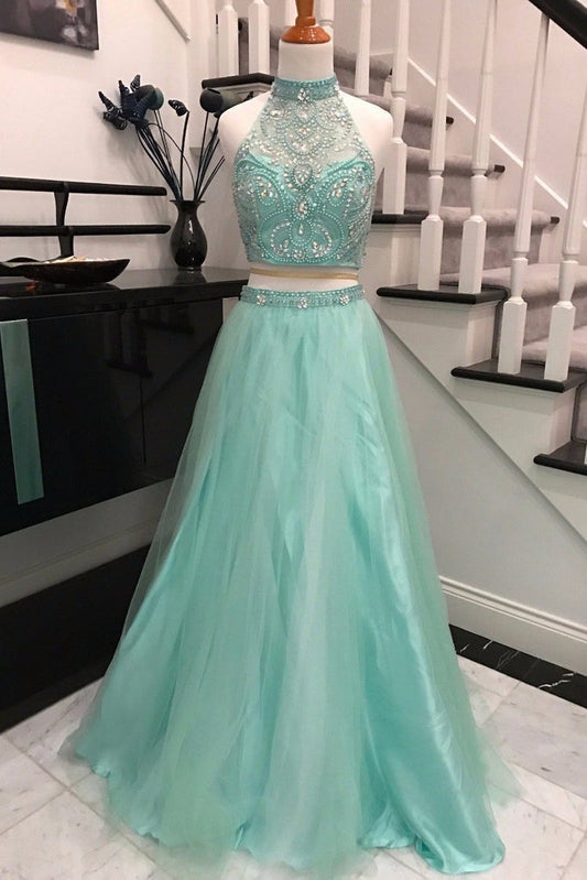 Elegant Two-Piece Sky Blue Backless Halter Long Prom Dress with Beading, PD23022251