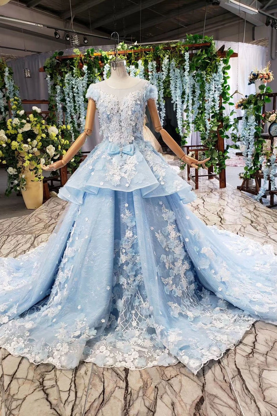 Light Sky Blue Floral Ball Gown Dress with Beads, PD23022220