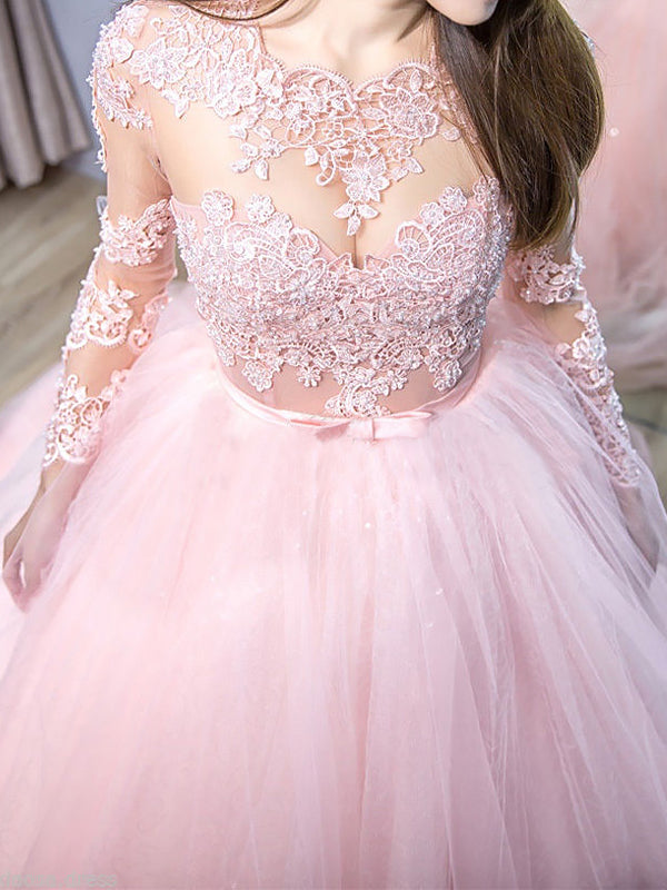 Pink Tulle Ball Gown Prom Dress with Long Sleeves and Appliques, PD2303086