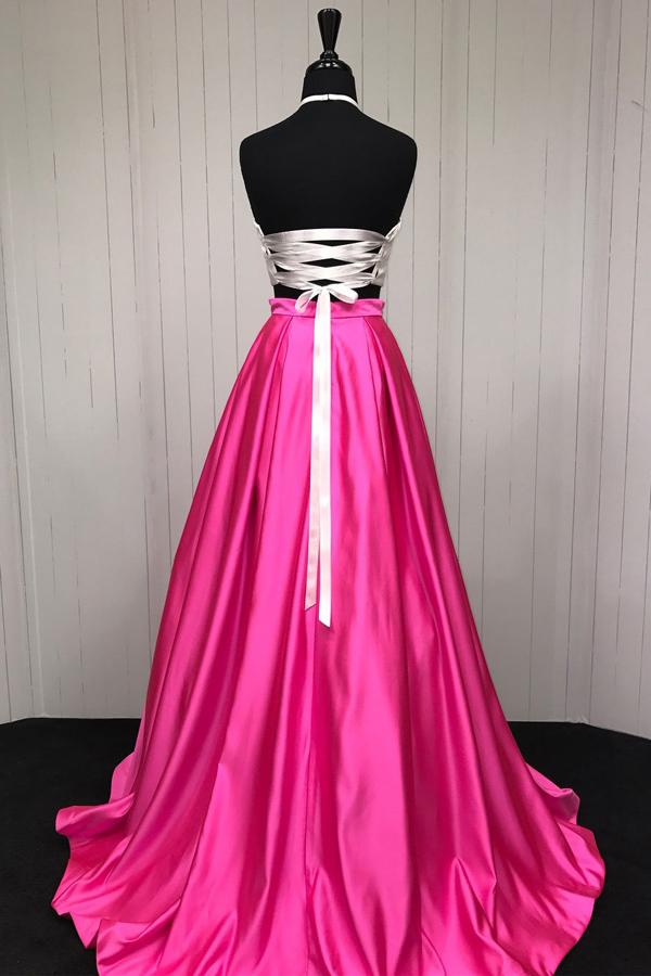 Two-Piece Hot Pink A-Line Halter Prom Dress, PD23030217