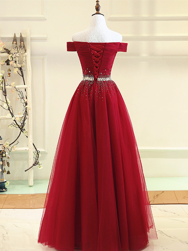 Burgundy Off-the-Shoulder Prom Dress, Burgundy Formal Dress, Off-the-Shoulder Evening Dress, Bridesmaid Dress, BD23031211