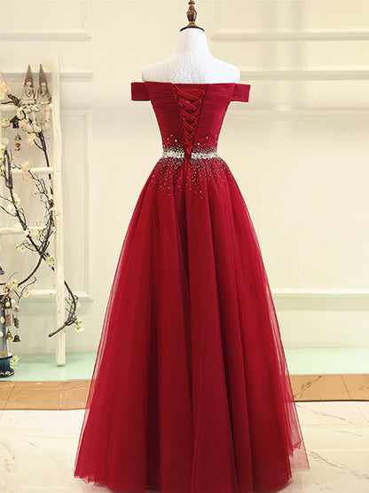 Burgundy Off-the-Shoulder Prom Dress, Burgundy Formal Dress, Off-the-Shoulder Evening Dress, Bridesmaid Dress, BD23031211