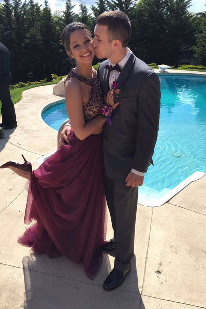 Fabulous Two-Piece Halter Maroon Backless Long Prom Dress with Beading, PD23022252