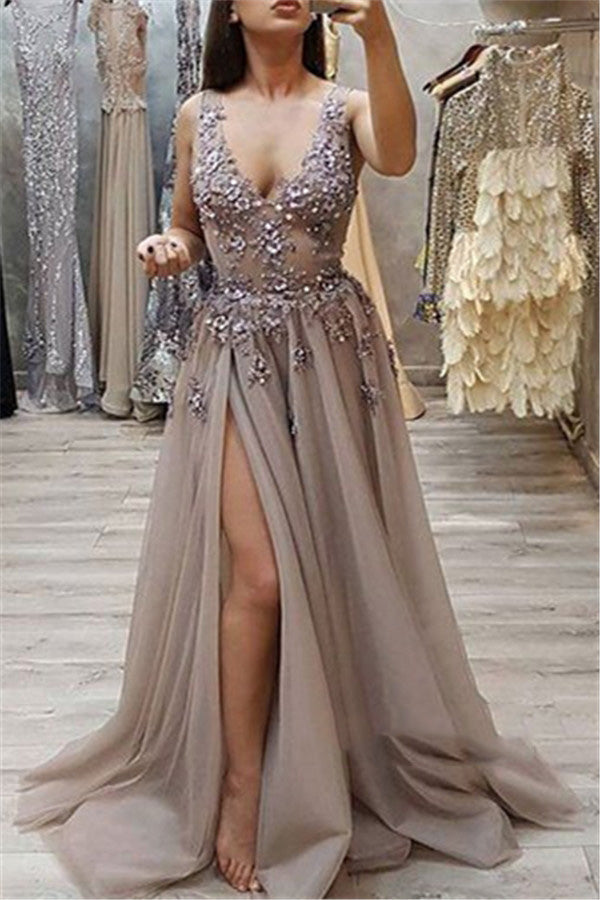 Sleeveless A-Line Prom Dress with V-Neck, Lace, Beaded Applique, and Split Front, PD2303076