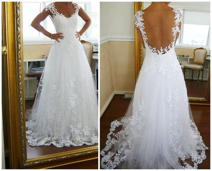 Long Backless White Lace Wedding Dress, WD2302268