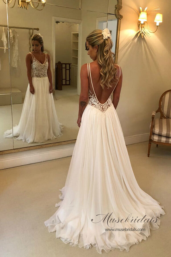 Open Back Chiffon A-line Wedding Dress with Lace Appliques, WD230223116