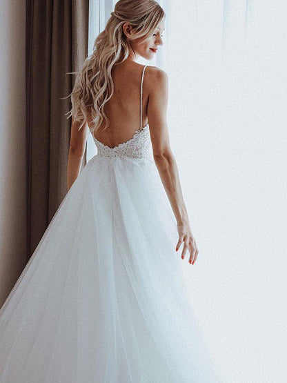 Unique Backless A-Line Wedding Dress with Tulle and Spaghetti Straps, WD230226110