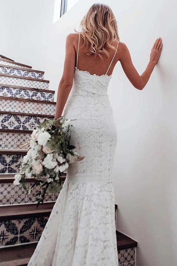 Sleeveless All Over Lace Mermaid Wedding Dress with Spaghetti Straps, WD2303268