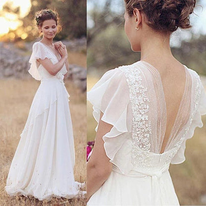 Off-the-Shoulder Chiffon Beach Wedding Dress with Lace Bodice and Side Slit, WD23022417