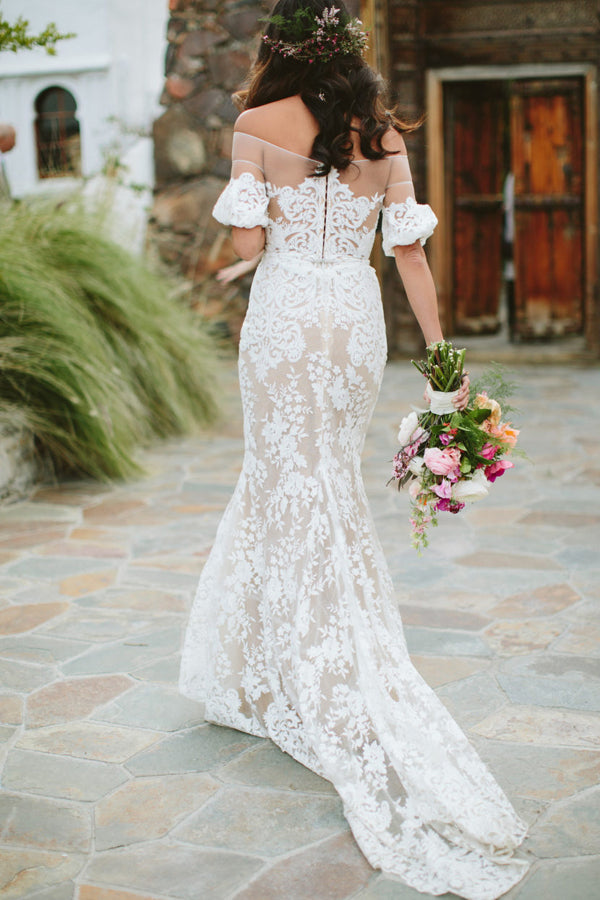 Off-the-Shoulder White Lace Wedding Dress with Half Sleeves, WD2302286