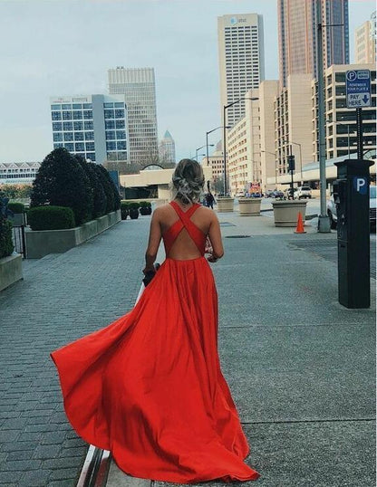 Red Satin Halter A-Line Prom Dress with Side Slit, V-Neckline, and Criss-Cross Back Detail, PD23031515