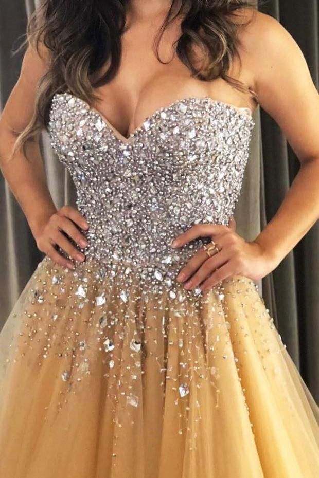 Sweetheart Beaded A-Line Long Prom Dresses in Champagne, PD23030136