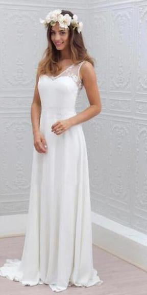 Simple White Chiffon Beach Wedding Dress with Lace Details and Open Back , WD23022398