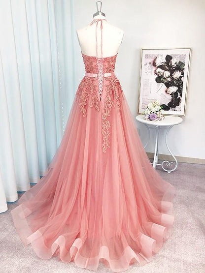 Halter Tulle A-Line Prom Dress with Long Pink Skirt, PD2303071