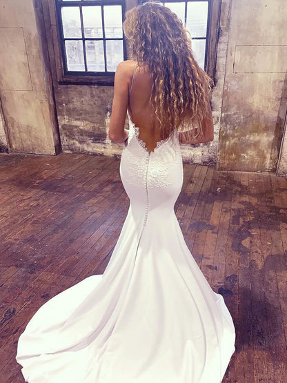 V-Neck White Lace Mermaid Prom Dresses, White Mermaid Lace Formal Bridesmaid Dresses, BD23031218