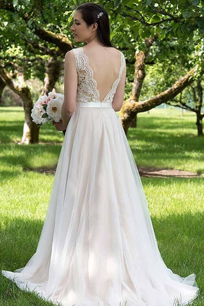 Lace A-line V-neck Beach Wedding Dress, WD23022325