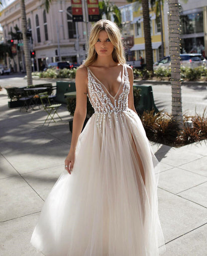 Gorgeous A-Line Beaded Tulle Dress with V-Neck and Backless Design, Suitable for Proms, Weddings, and Evening Events, WD23022431