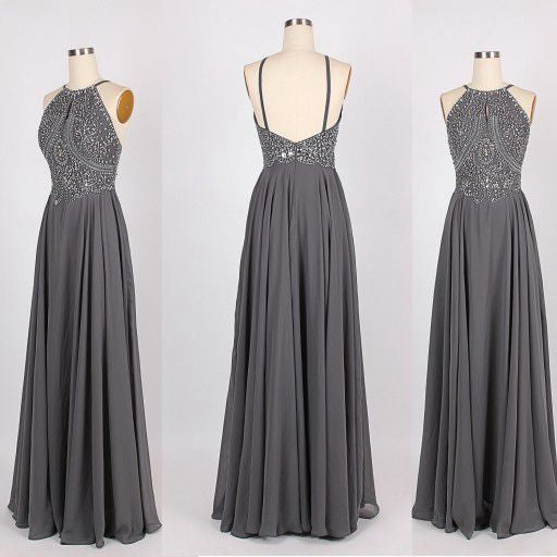 A Line Gray Backless Chiffon Wedding Party Dress, WD23022618