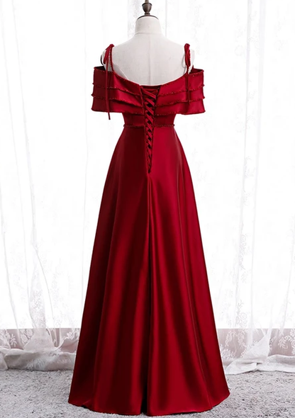 Burgundy Satin Beads Long Evening Prom Dress, PD23031315