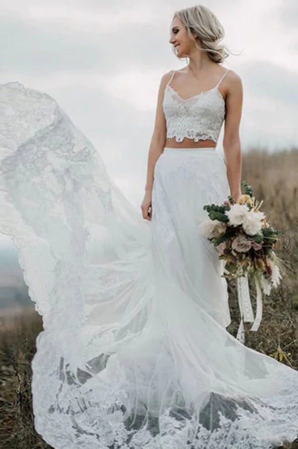 Boho Two-Piece Lace Wedding Dress with Spaghetti Straps and Crop Top, WD2302242