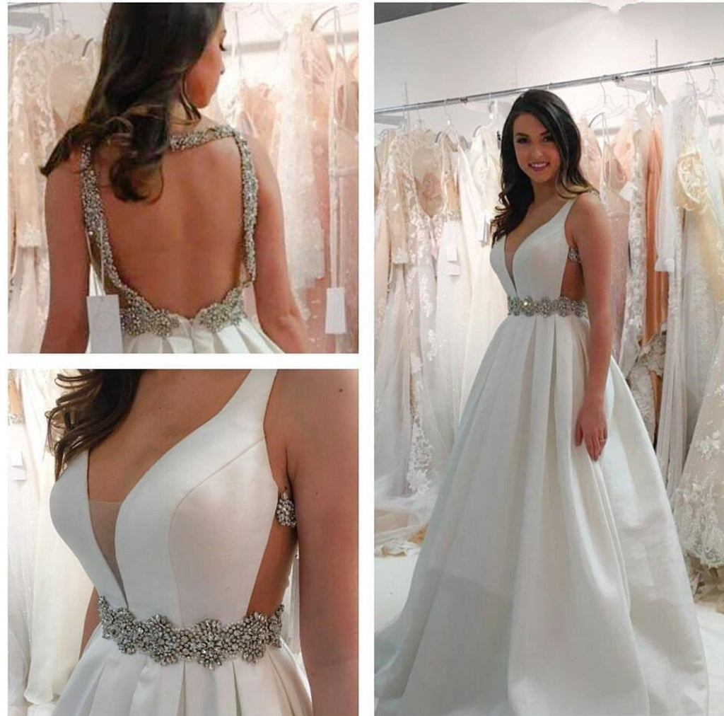 Deep V-Neck Backless White Wedding Dress, WD2302266