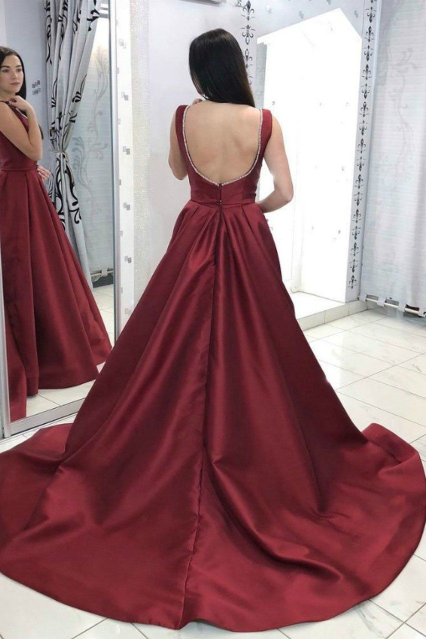 V-Neck Satin Burgundy A-Line Prom Dress with Beading and Long Train, PD23030158