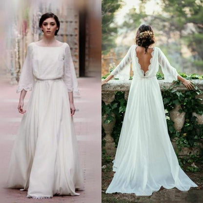 White Chiffon Beach Wedding Dress with Long Hemline, WD2303168