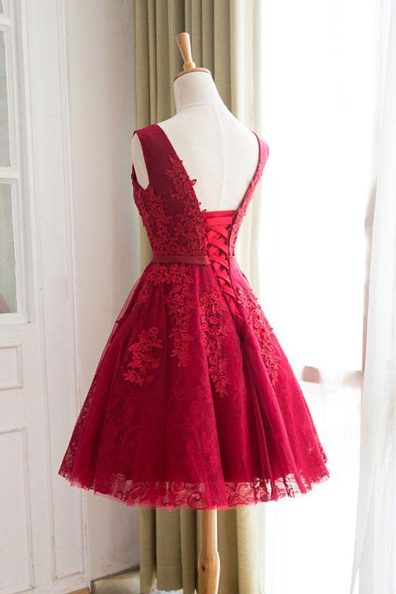 Burgundy Lace A-Line Short Bridesmaid Dress, BD2303051