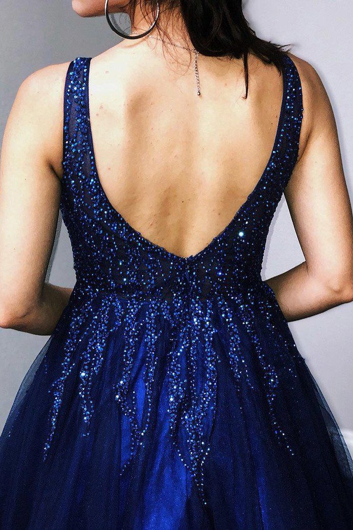 Beaded Tulle V-Neck Royal Blue A-Line Prom Dress, PD23030139