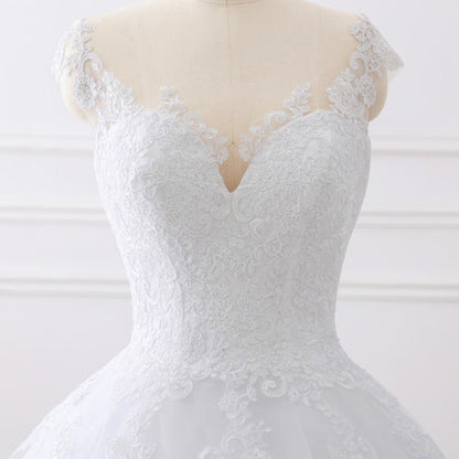 White Lace Wedding Dress with Cap Sleeves and Scoop Neckline , WD23022379